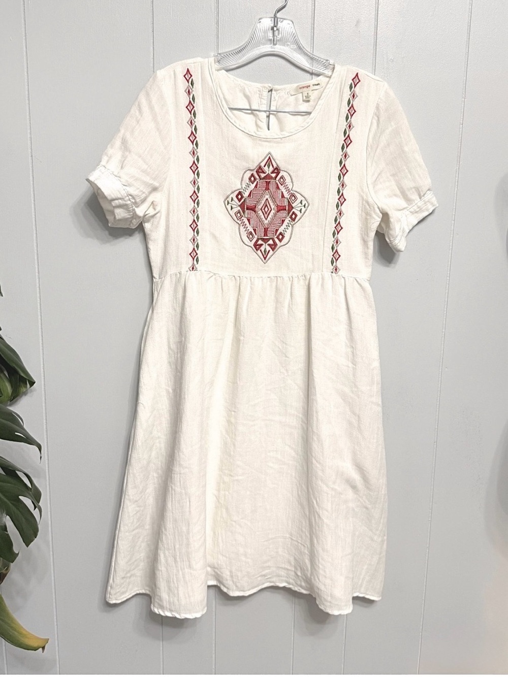 White Embroidered Cotton Dress with Red Geometric Detail
